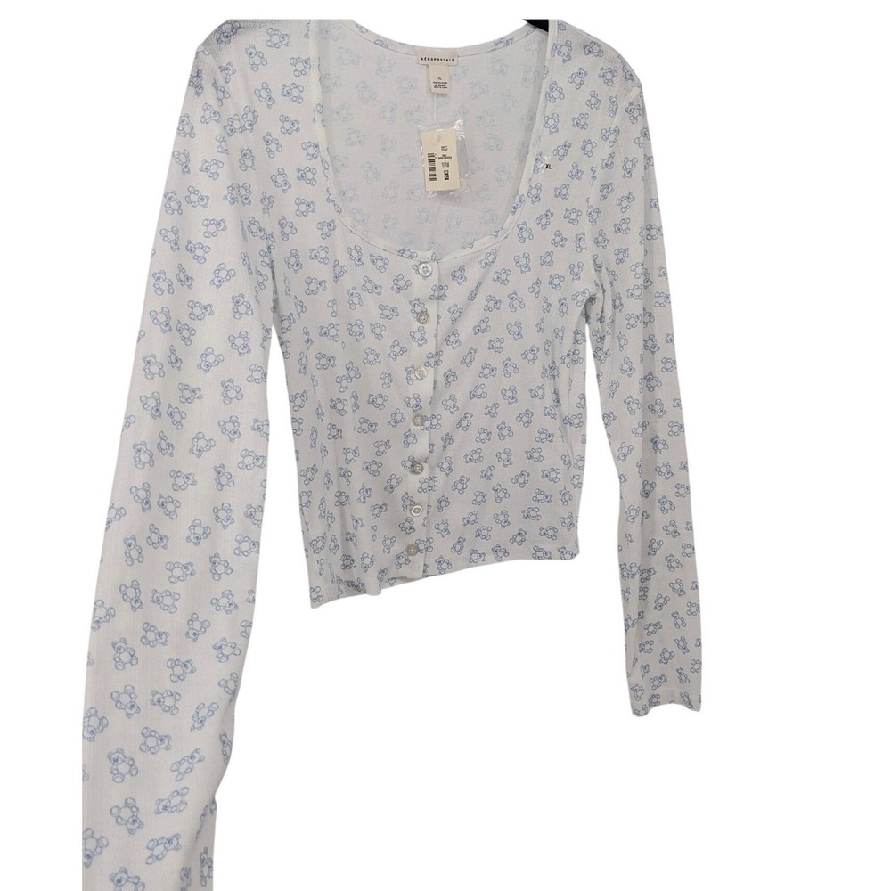 Aeropostale Top Womens XL White Teddy Bear Long Sleeve Cropped Button Up Y2K NWT